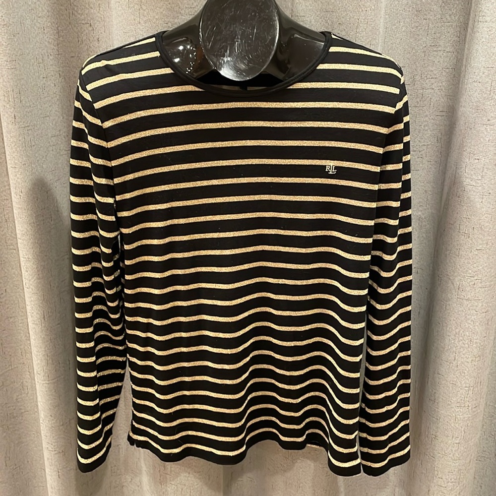 Lauren Ralph Lauren Black Metallic Gold Stripe Long Sleeve Top Large L